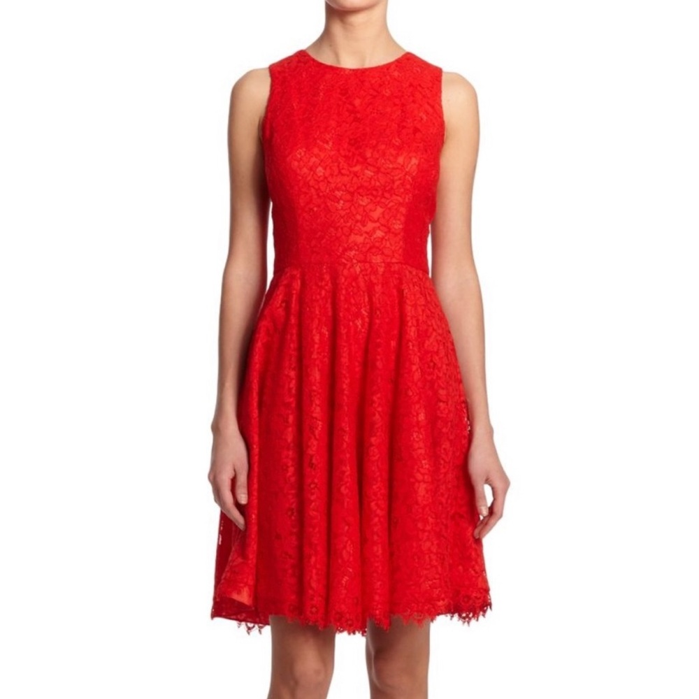 Shoshanna | Red Judith Lace Fit & flare Dress lush floral lace scalloped size 8